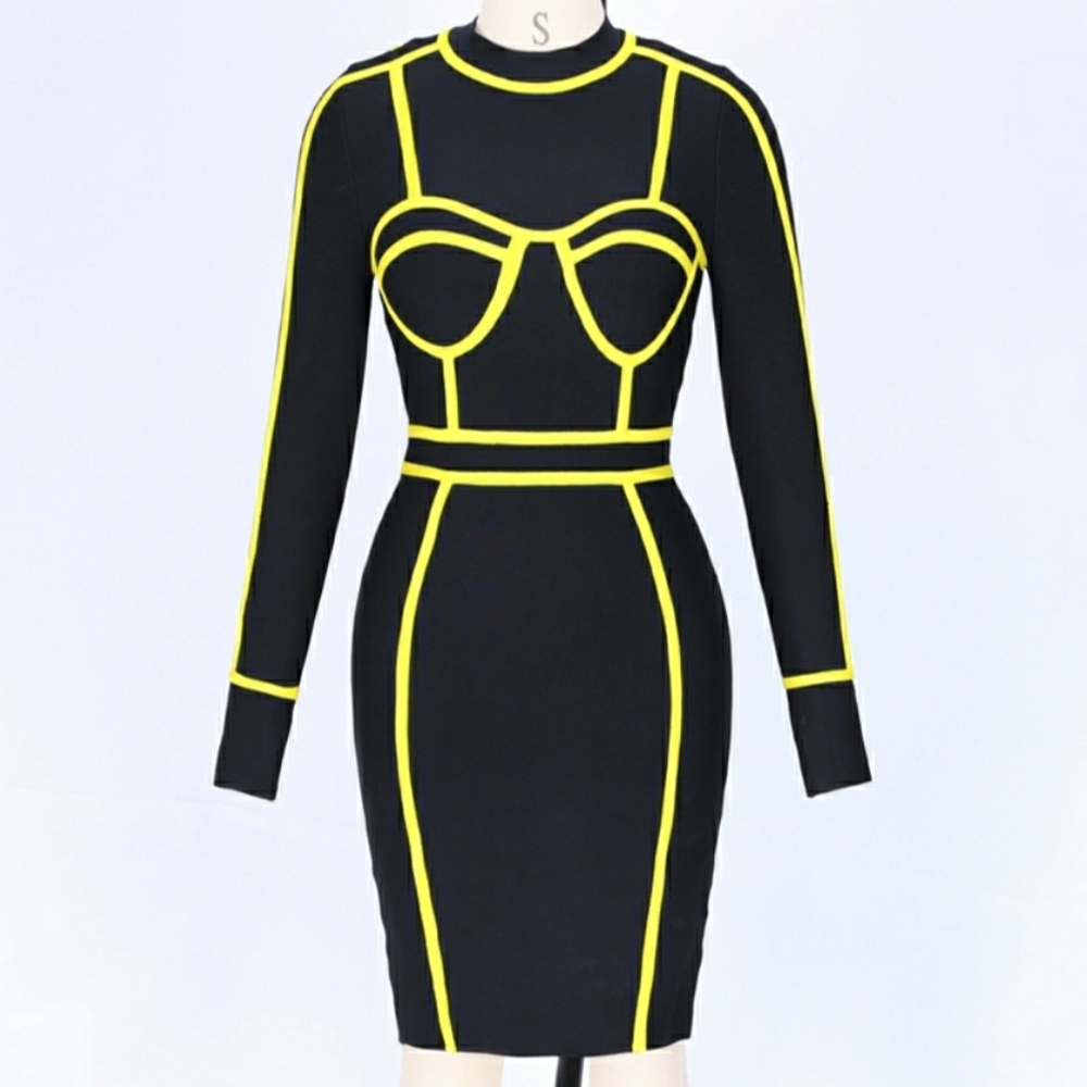 Women's Bandage Bodycon Midi with Yellow Outline